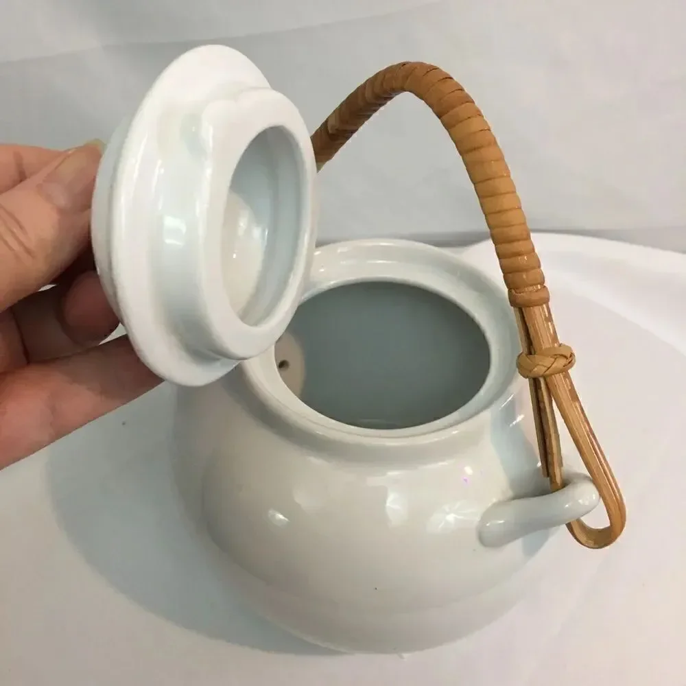 Pier 1 Sakai Bamboo Handle White Porcelain Teapot